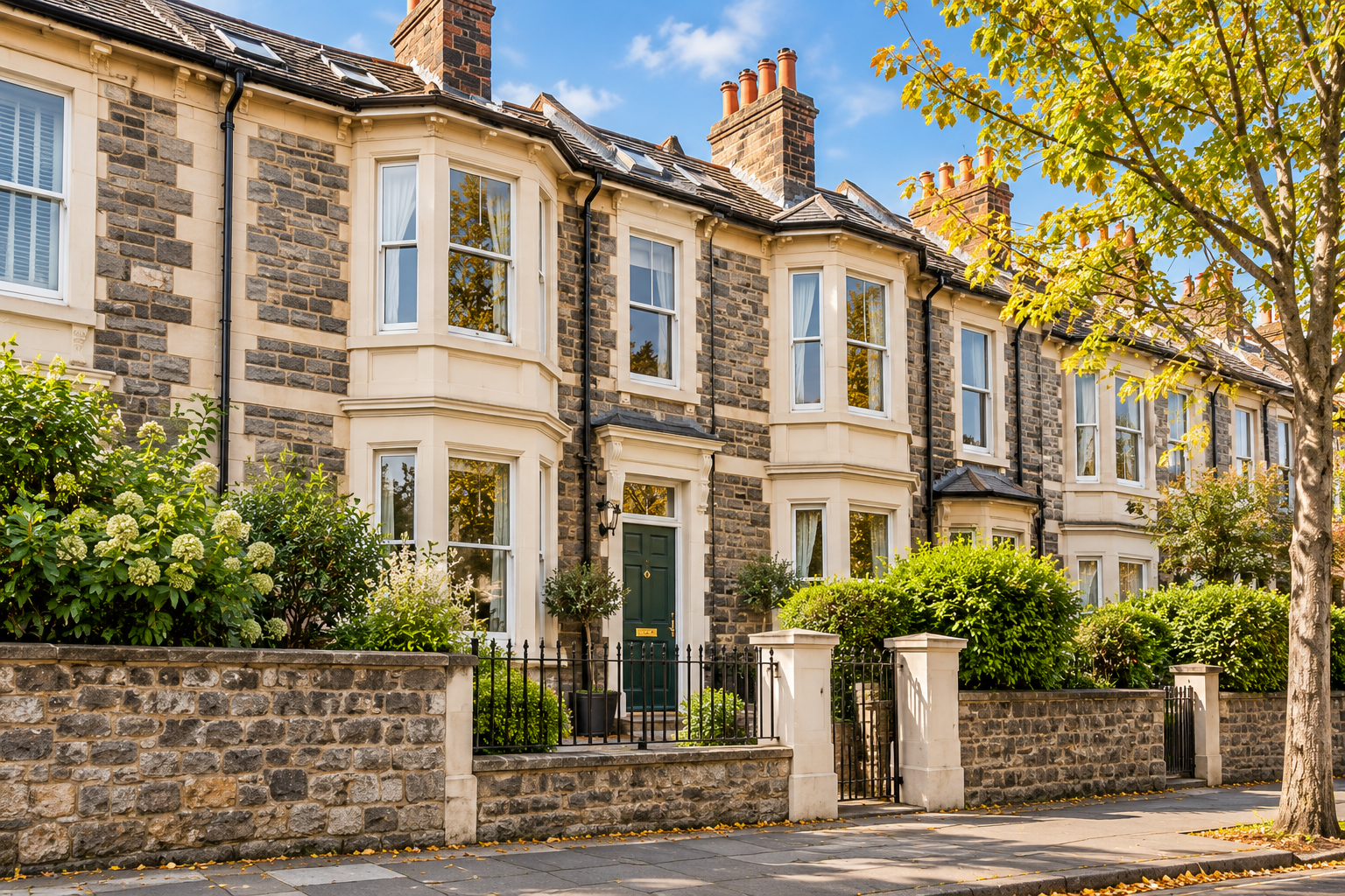 Illustrative Bristol-style Victorian terrace with stone bay windows and planted front gardens